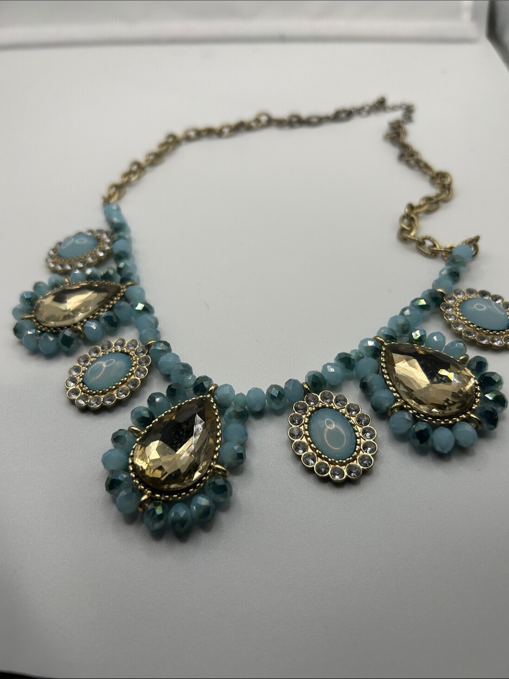 Statement blue champagne necklace teardrop oval cabochons mixed metal ornate - Picture 9 of 9
